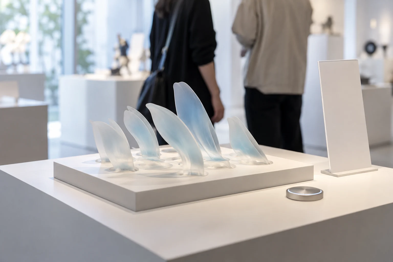 柔らかな造形の試作を展示台で紹介するデモ空間のイメージ。展示・デモの用途イメージ。