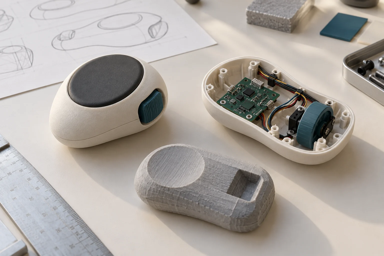 組み立てたデバイスと内部の回路が見える筐体、粗いモックアップを並べたフィジカル試作のイメージ。